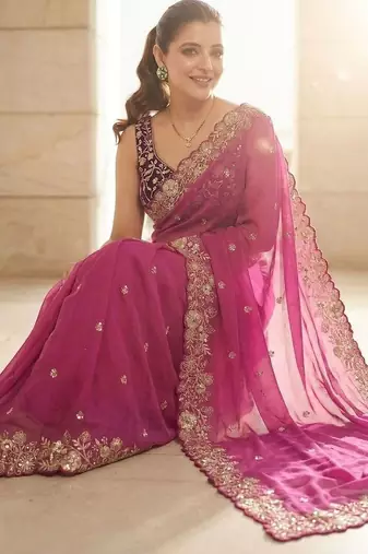 Pink embellished embroidered sarees with unstitched blouse piece