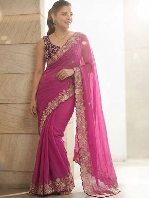 Pink embellished embroidered sarees with unstitched blouse piece 5