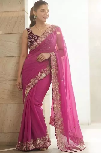 Pink embellished embroidered sarees with unstitched blouse piece