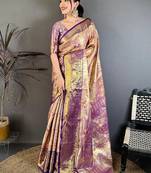 Gold woven design zari silk blend kanjeevaram saree with blouse piece