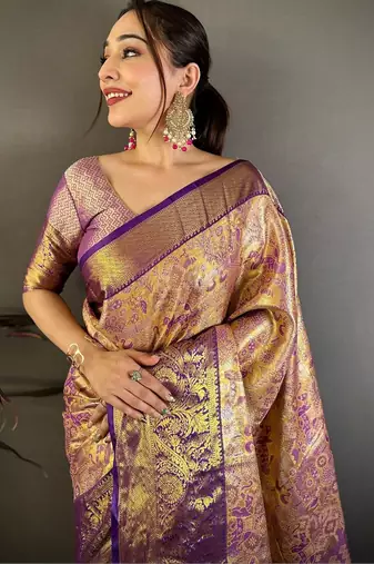 Gold woven design zari silk blend kanjeevaram saree with blouse piece