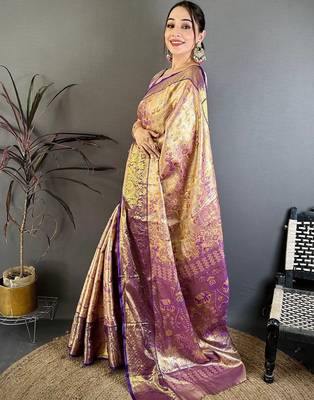 Gold woven design zari silk blend kanjeevaram saree with blouse piece 3