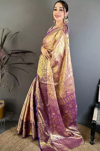 Gold woven design zari silk blend kanjeevaram saree with blouse piece