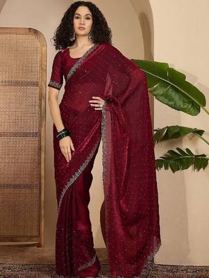 Maroon embellished tissue sarees with unstitched blouse piece 1