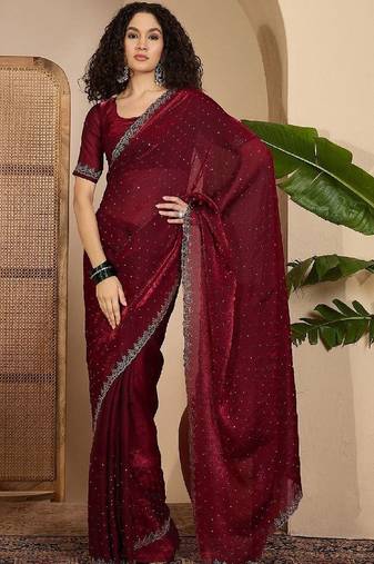 Maroon embellished tissue sarees with unstitched blouse piece