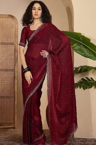 Maroon embellished tissue sarees with unstitched blouse piece