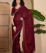 Maroon embellished tissue sarees with unstitched blouse piece