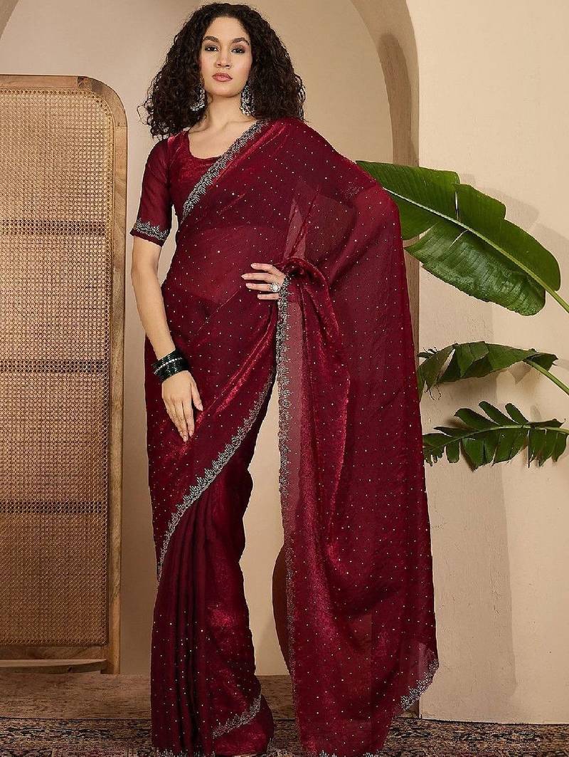 Maroon embellished tissue sarees with unstitched blouse piece