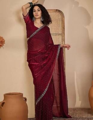 Maroon embellished tissue sarees with unstitched blouse piece 2