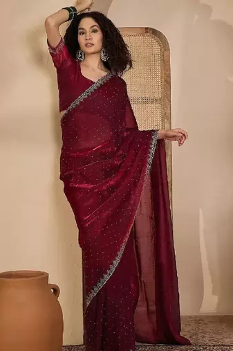 Maroon embellished tissue sarees with unstitched blouse piece