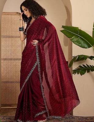 Maroon embellished tissue sarees with unstitched blouse piece 3