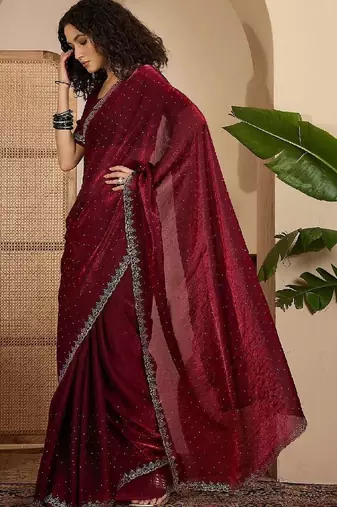 Maroon embellished tissue sarees with unstitched blouse piece