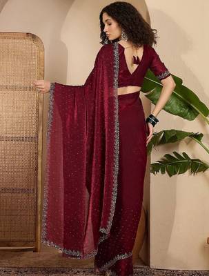 Maroon embellished tissue sarees with unstitched blouse piece 4