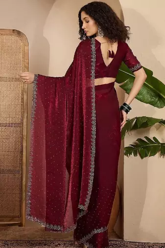 Maroon embellished tissue sarees with unstitched blouse piece
