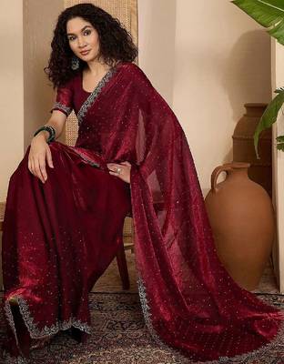 Maroon embellished tissue sarees with unstitched blouse piece 5