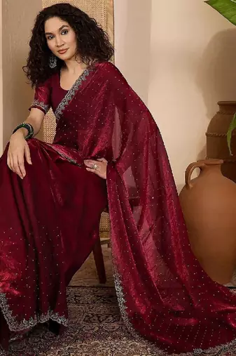 Maroon embellished tissue sarees with unstitched blouse piece