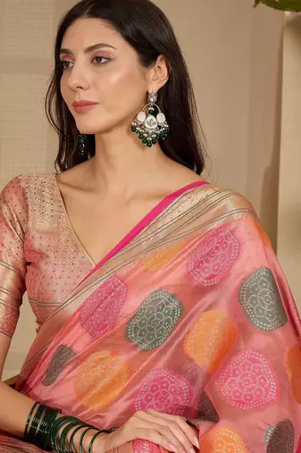Pink ethnic motifs zari organza handloom saree