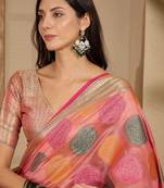 Pink ethnic motifs zari organza handloom saree