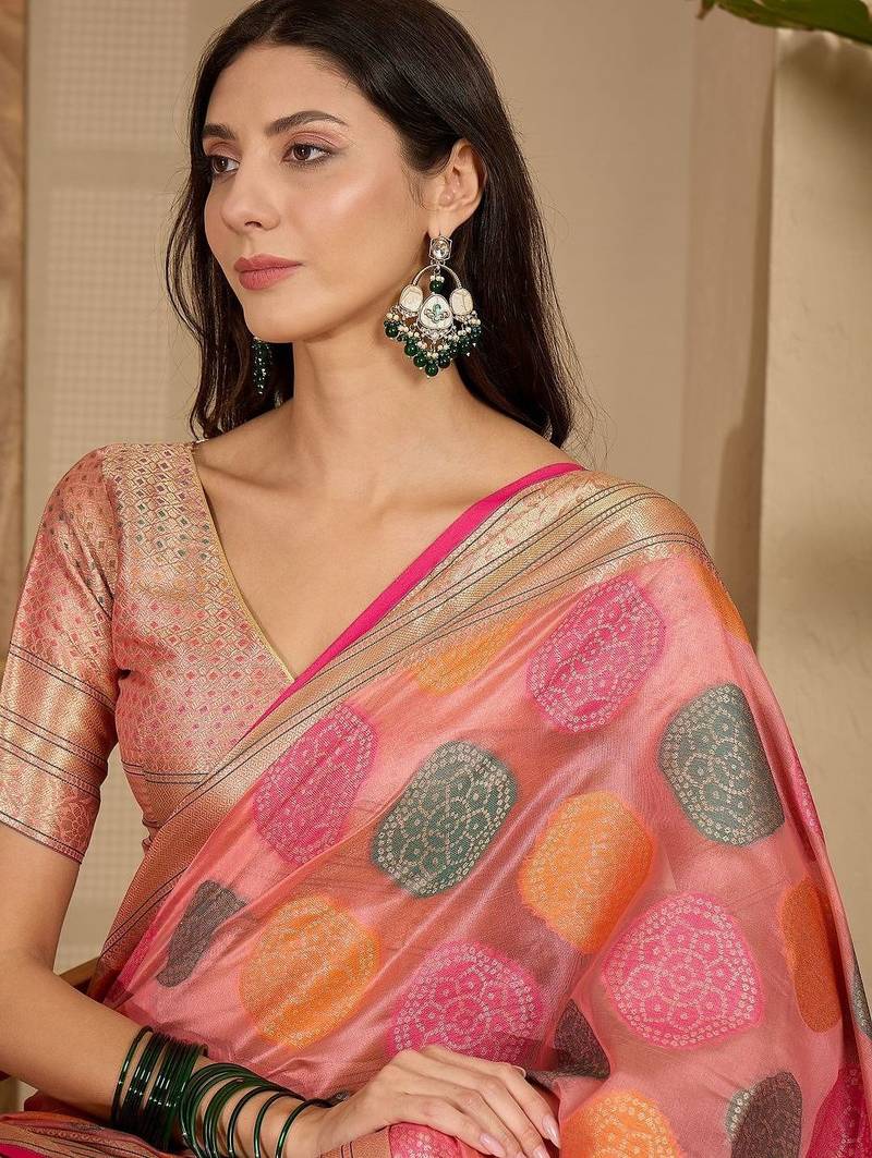 Pink ethnic motifs zari organza handloom saree