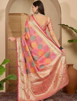 Pink ethnic motifs zari organza handloom saree 3