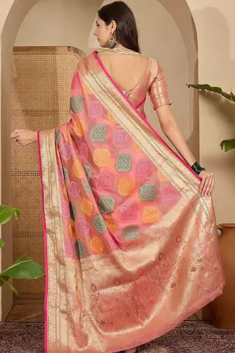 Pink ethnic motifs zari organza handloom saree