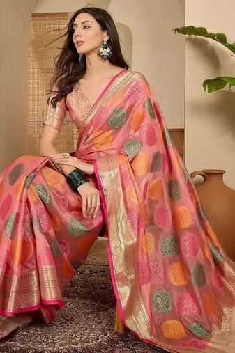 Pink ethnic motifs zari organza handloom saree
