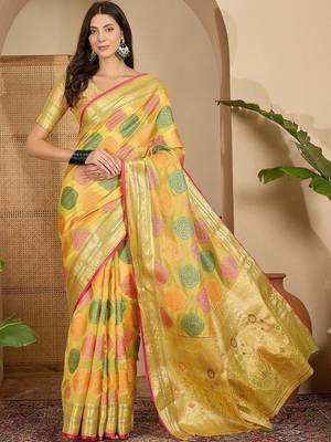 Yellow woven design zari saree 2