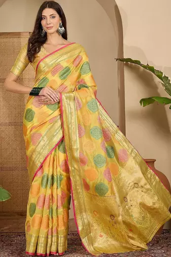 Yellow woven design zari saree