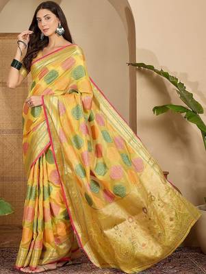 Yellow woven design zari saree 3