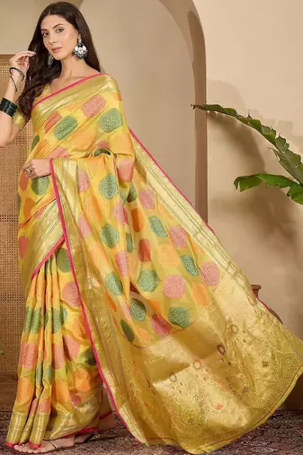 Yellow woven design zari saree