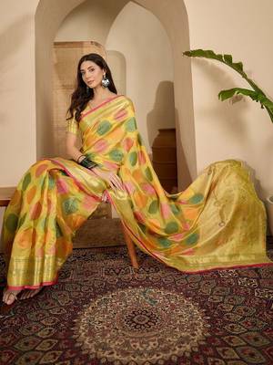 Yellow woven design zari saree 5