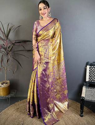 Gold woven design zari silk blend kanjeevaram saree 1