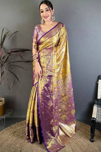 Gold woven design zari silk blend kanjeevaram saree