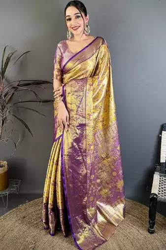 Gold woven design zari silk blend kanjeevaram saree