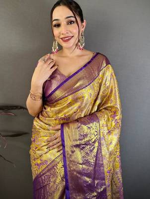 Gold woven design zari silk blend kanjeevaram saree 2