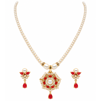 Certified Natural Freshwater Pearl Necklace Set with Red Stone Pendant 1