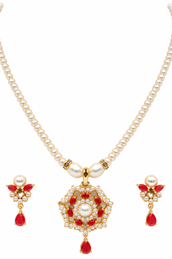 Certified Natural Freshwater Pearl Necklace Set with Red Stone Pendant