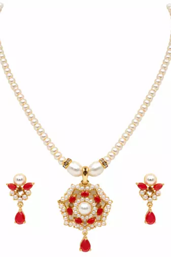 Certified Natural Freshwater Pearl Necklace Set with Red Stone Pendant