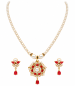 Certified Natural Freshwater Pearl Necklace Set with Red Stone Pendant