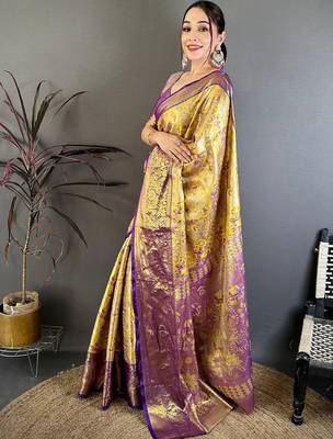 Gold woven design zari silk blend kanjeevaram saree 3