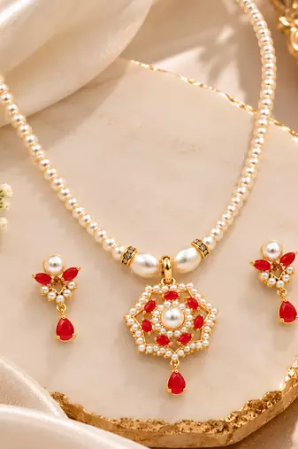 Certified Natural Freshwater Pearl Necklace Set with Red Stone Pendant