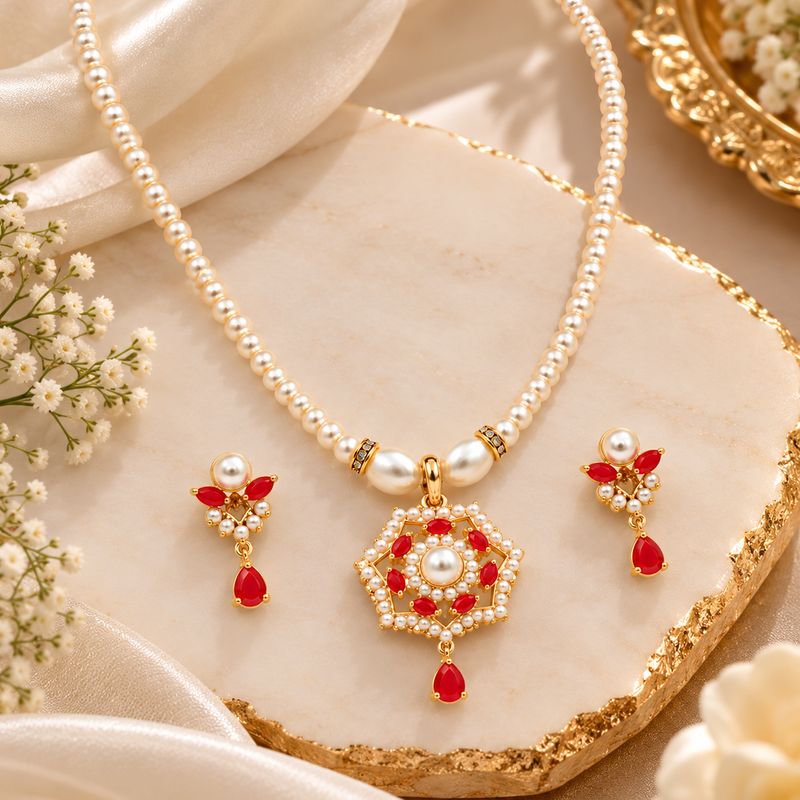 Certified Natural Freshwater Pearl Necklace Set with Red Stone Pendant
