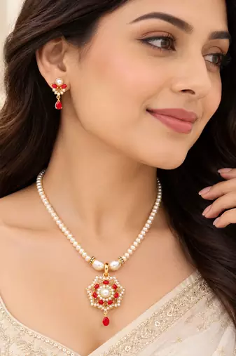 Certified Natural Freshwater Pearl Necklace Set with Red Stone Pendant