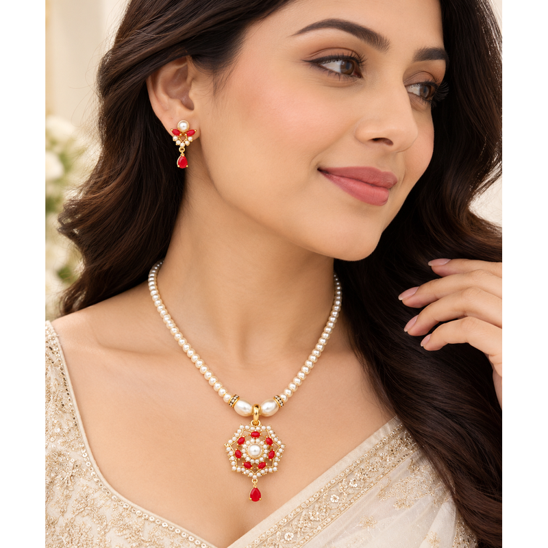 Certified Natural Freshwater Pearl Necklace Set with Red Stone Pendant