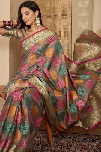 Grey woven design zari organza handloom saree