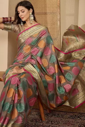 Grey woven design zari organza handloom saree