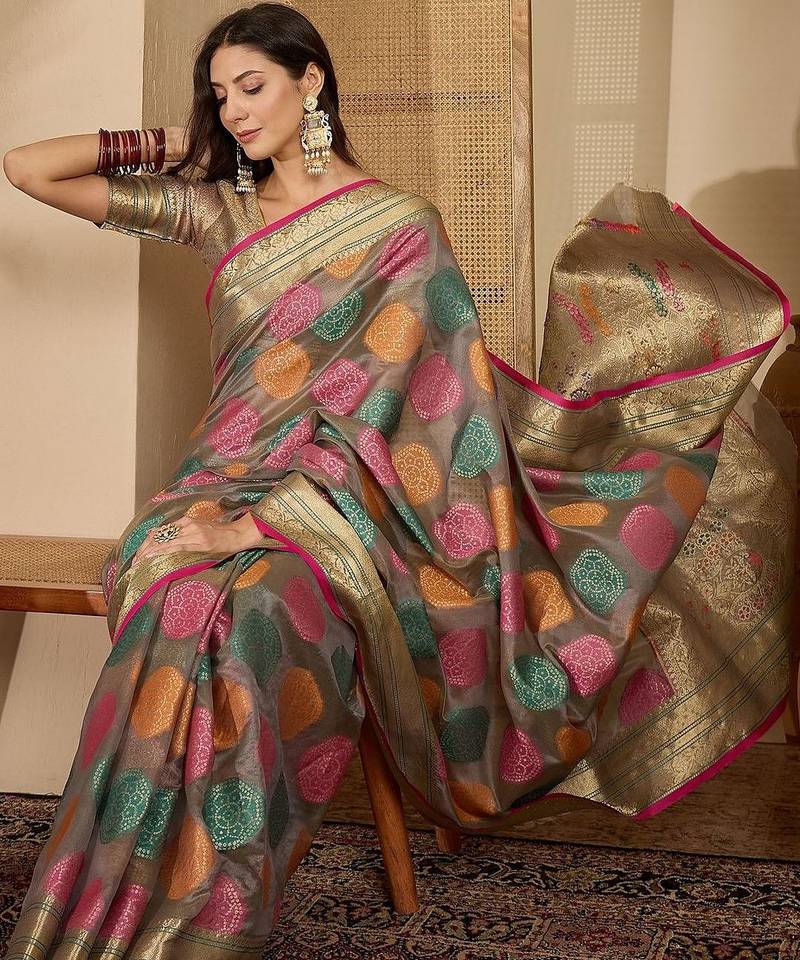 Grey woven design zari organza handloom saree