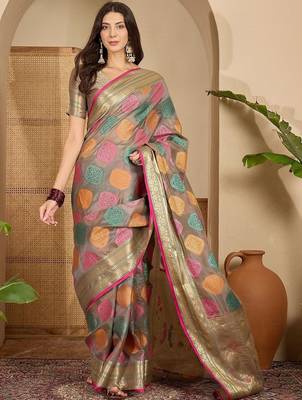 Grey woven design zari organza handloom saree 3