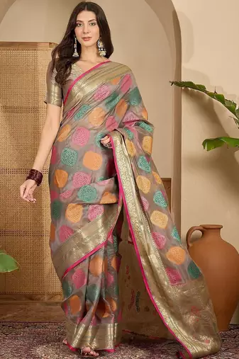Grey woven design zari organza handloom saree