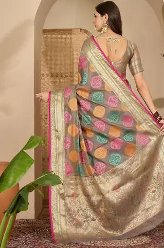 Grey woven design zari organza handloom saree